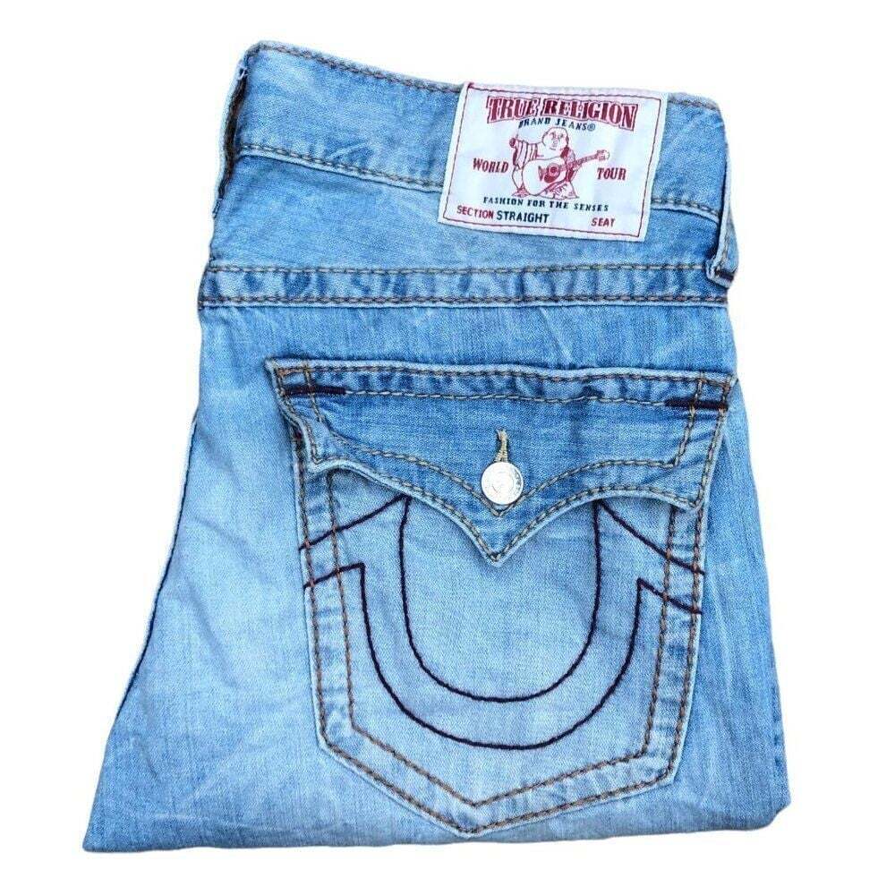 Rare True Religion Jeans Size 34 STRAIGHT BIG T Red Stitch Blue